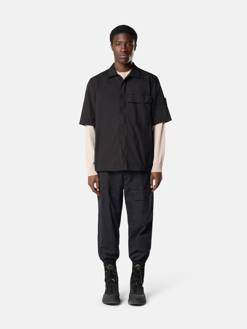 1100025 STRETCH ORGANIC COTTON TWILL Comfort-fit short-sleeve shirt with dual chest pocket