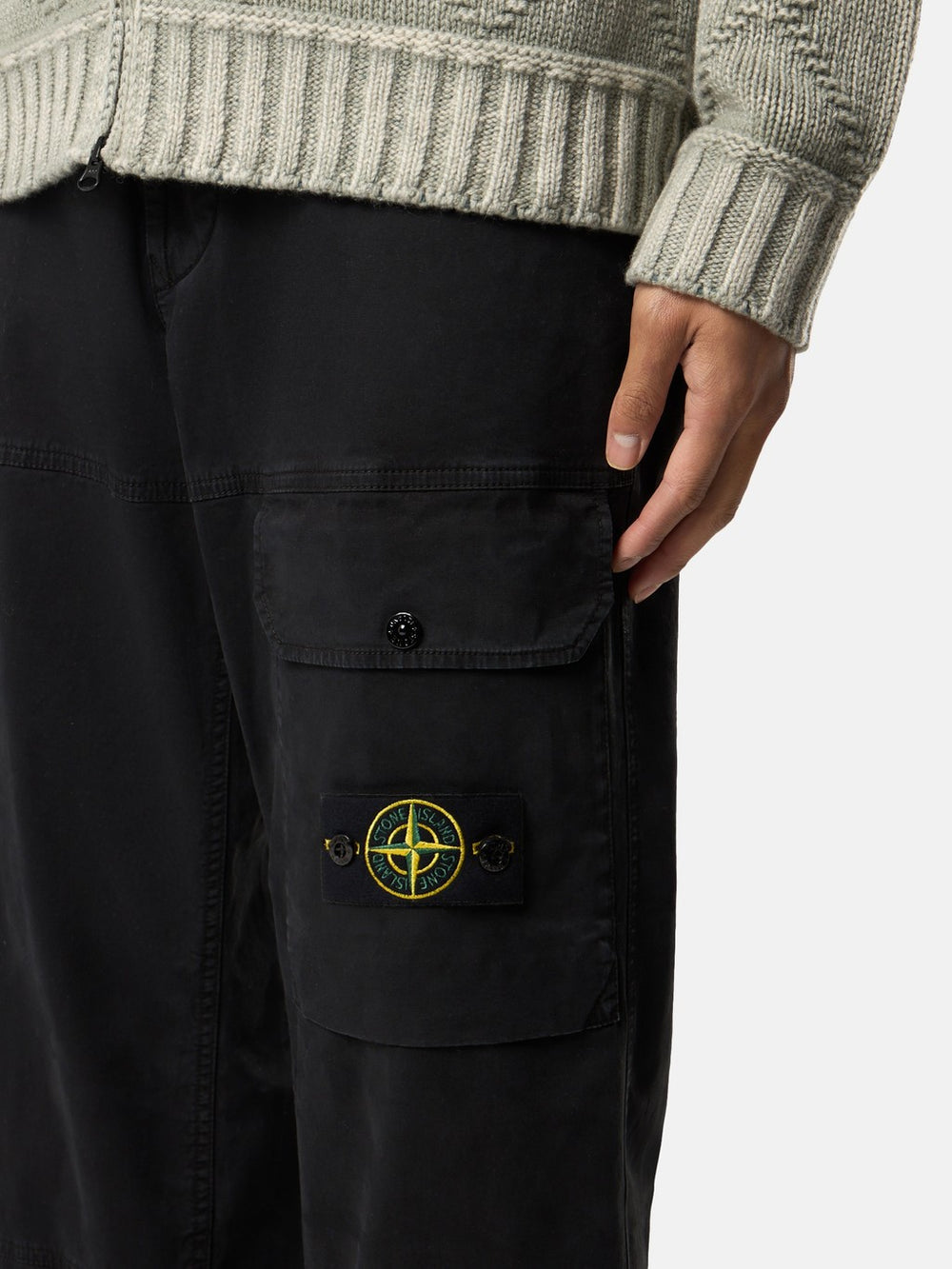 3100010 ORGANIC COTTON STRETCH BROKEN TWILL 'OLD' EFFECT Loose-fit cargo trousers with adjustable waistband